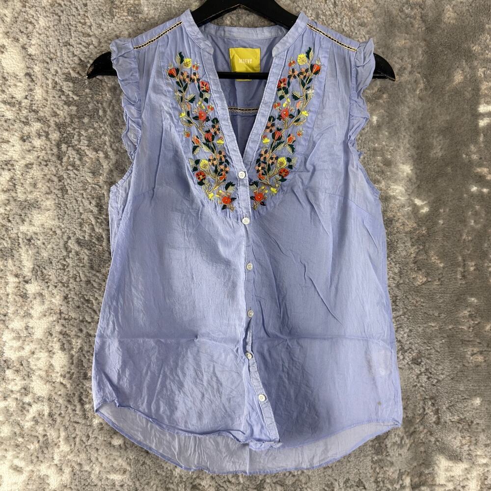 Maeve Size 2 Floral Embroidered Casual Button Top Blue V‎ Neck Sleeveless